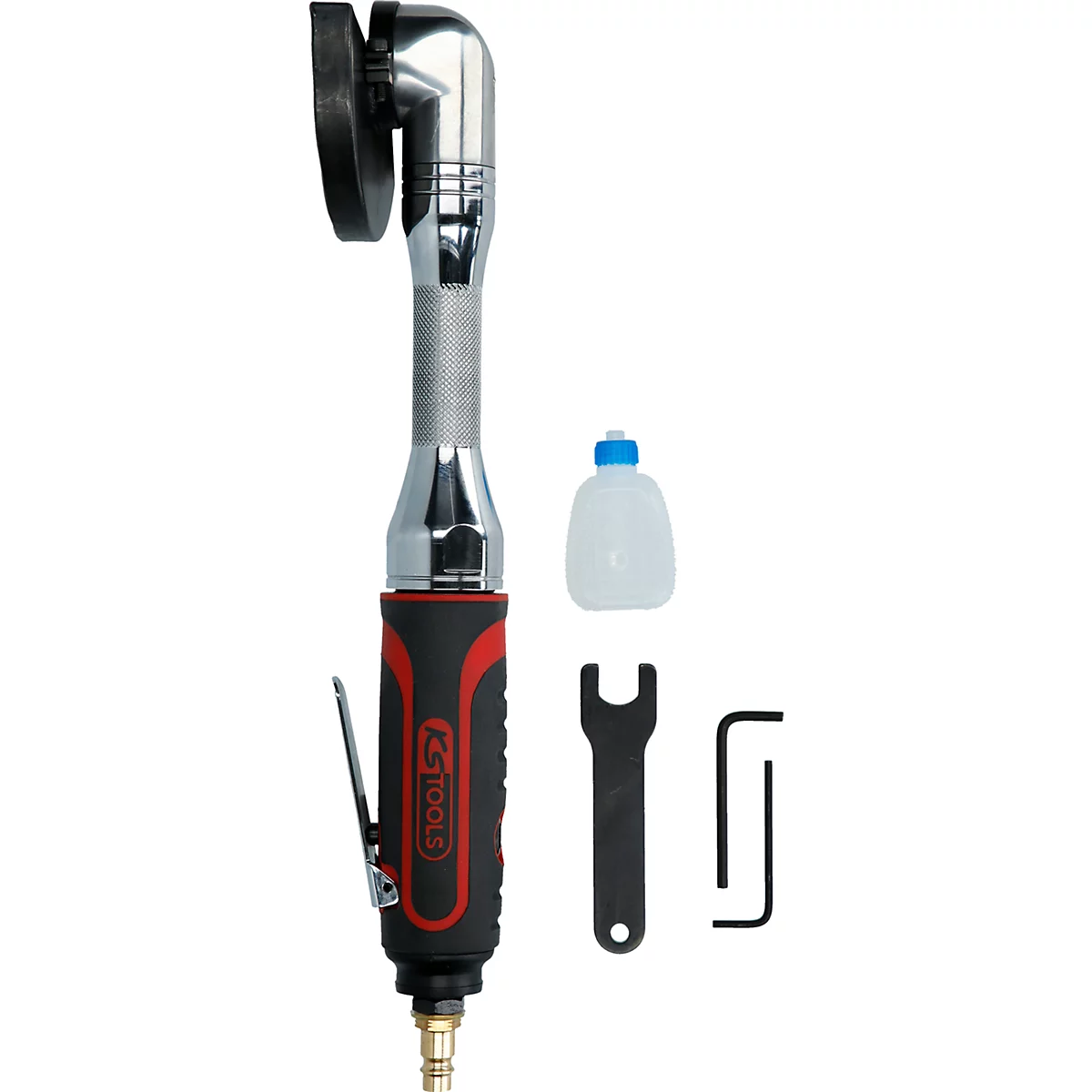 Meuleuse d'angle avec accessoires: bouteille, clé et clés Allen. Principalement argent et noir avec des touches de rouge.